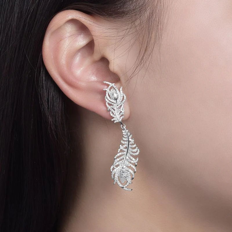 PEACOCK FEATHER MOISSANITE DROP EARRINGS IN STERLING SILVER - Image 2