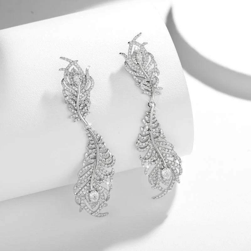 PEACOCK FEATHER MOISSANITE DROP EARRINGS IN STERLING SILVER - Image 3