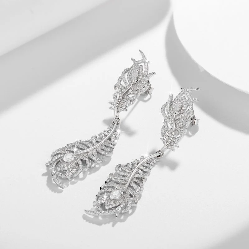 PEACOCK FEATHER MOISSANITE DROP EARRINGS IN STERLING SILVER - Image 4