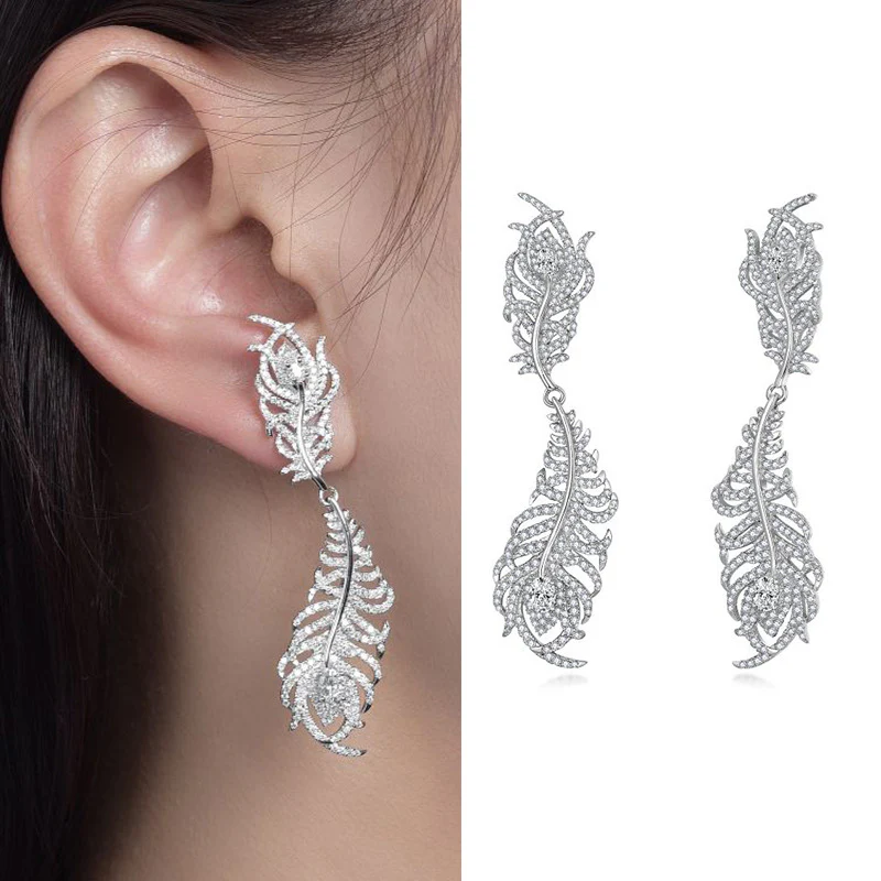 PEACOCK FEATHER MOISSANITE DROP EARRINGS IN STERLING SILVER - Image 5