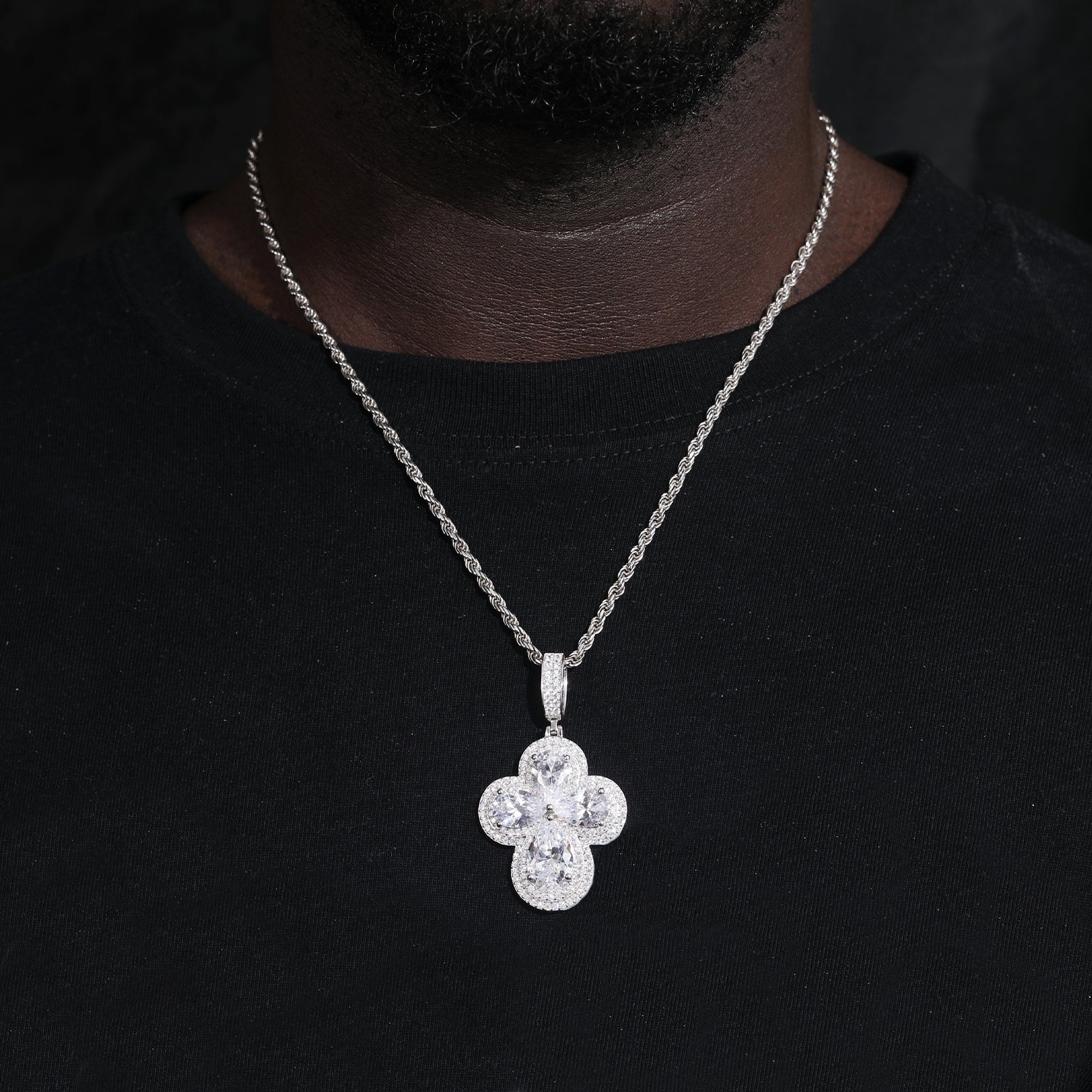 PEAR CUT MOISSANITE DIAMOND CLOVER CROSS PENDANT NECKLACE IN STERLING SILVER - Image 3