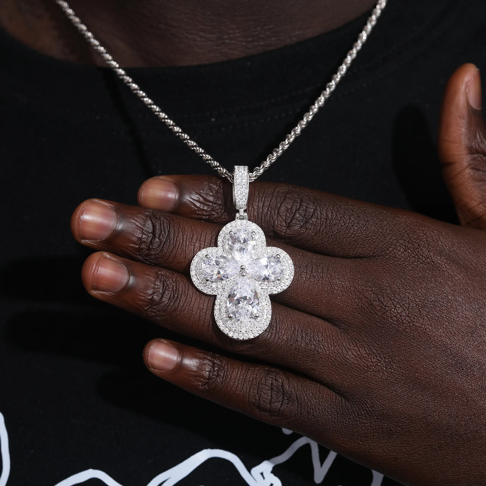 PEAR CUT MOISSANITE DIAMOND CLOVER CROSS PENDANT NECKLACE IN STERLING SILVER - Image 4