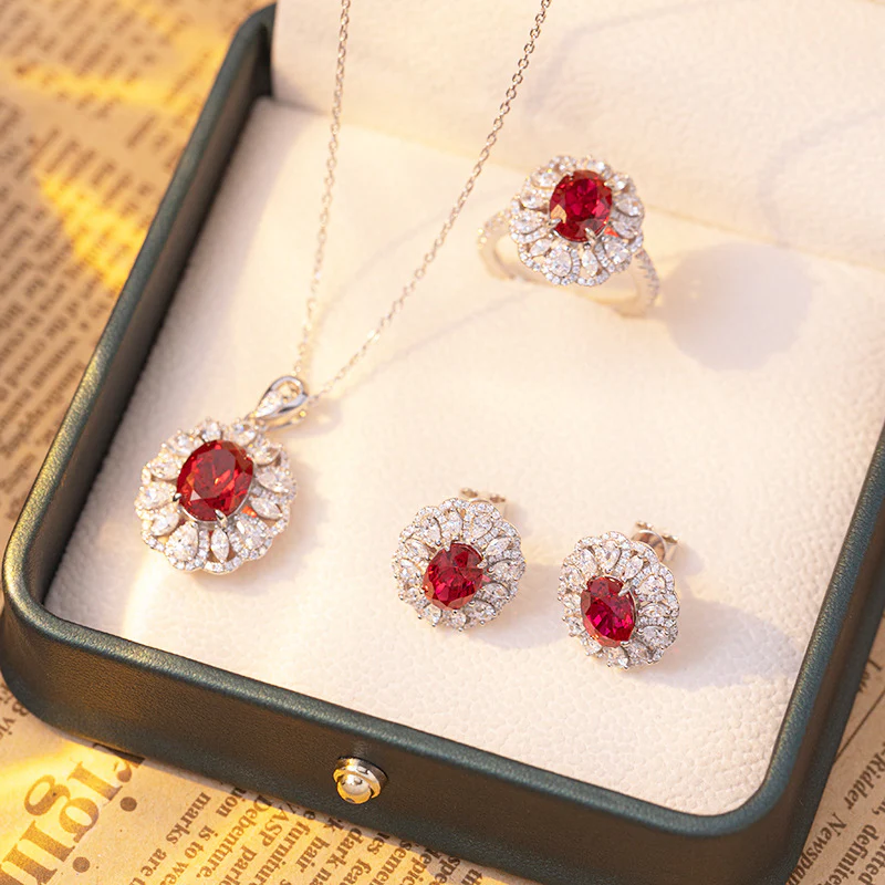 PIGEON BLOOD LAB GROWN RUBY RING/EARRINGS/PENDANT IN STERLING SILVER - Image 5