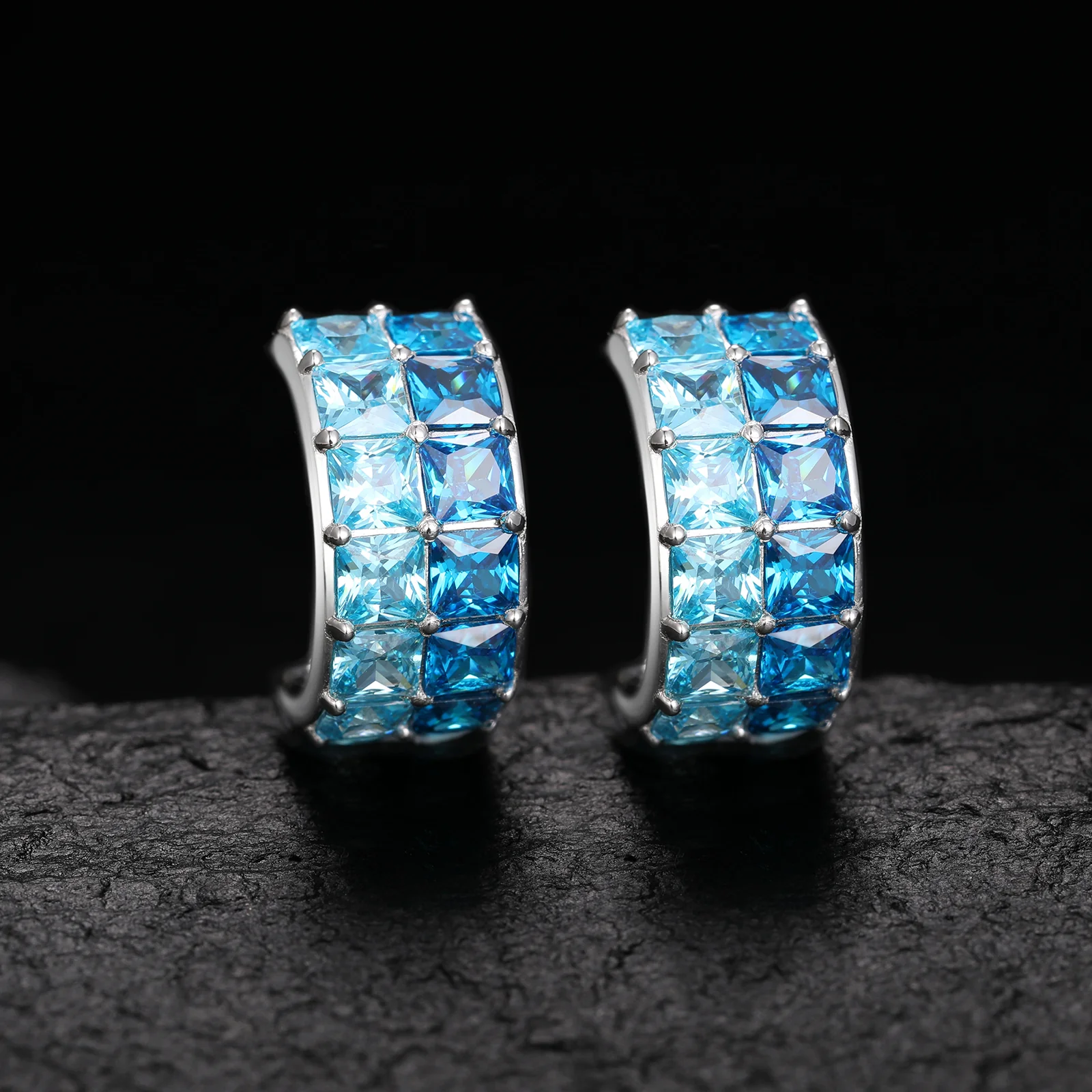 PRINCESS CUT BLUE CZ CUFF EARRINGS IN STERLING SILVER - Image 3