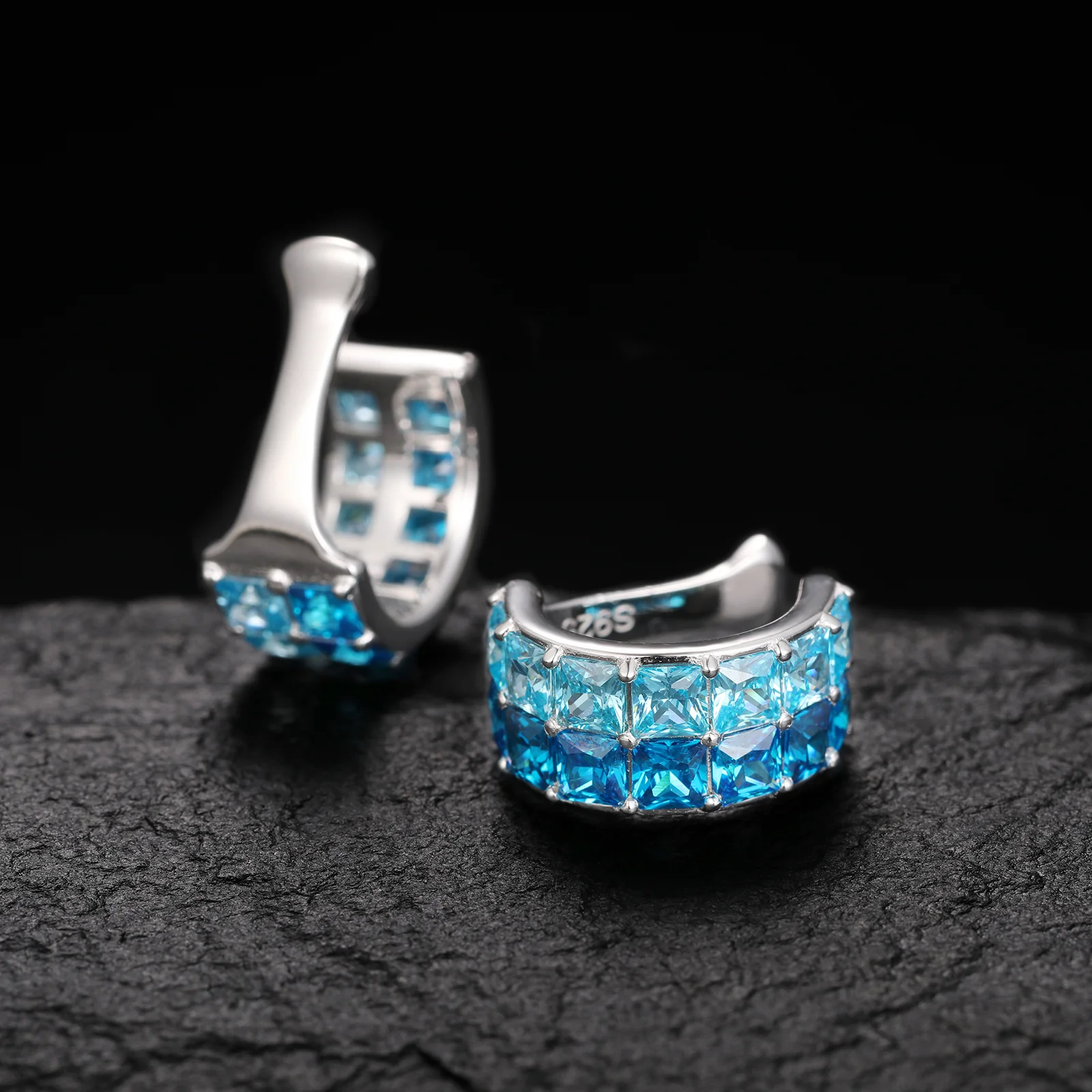PRINCESS CUT BLUE CZ CUFF EARRINGS IN STERLING SILVER - Image 4
