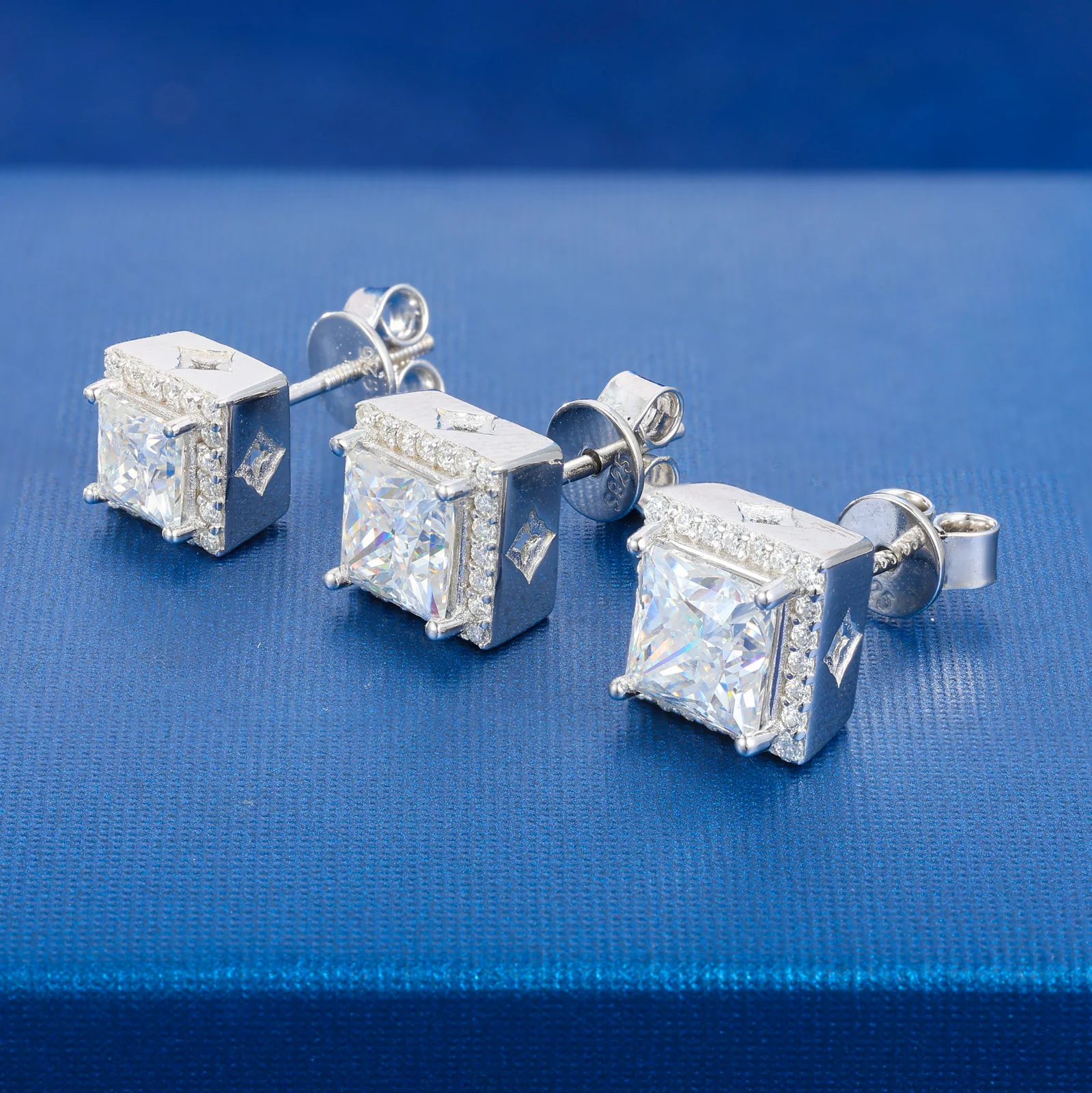 PRINCESS CUT MOISSANITE DIAMOND GEOMETRIC EARRINGS IN STERLING - Image 4