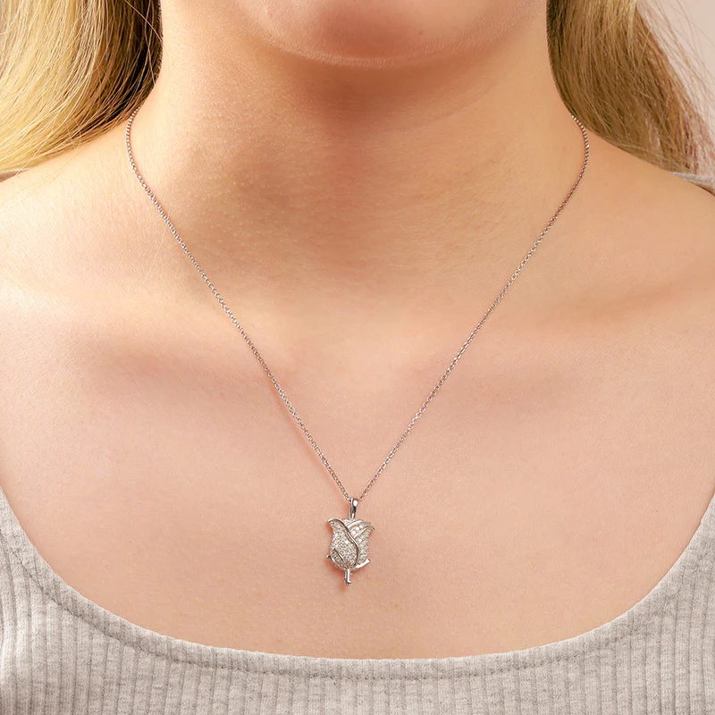 ROUND BRILLIANT CUT MOISSANITE ROSE FLOWER PENDANT IN STERLING SILVER - Image 2