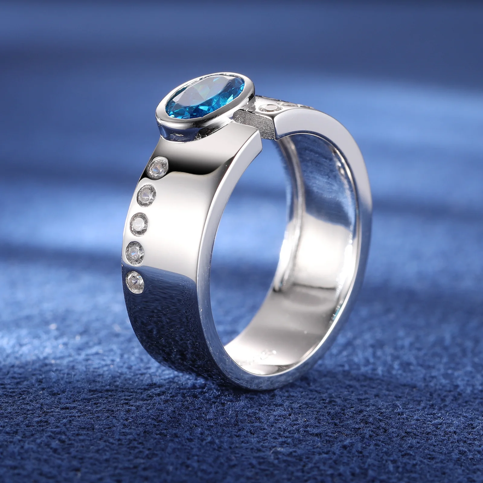 ROUND CUT BLUE CZ MOISSANITE DIAMOND BAND RING IN STERLING SILVER - Image 4