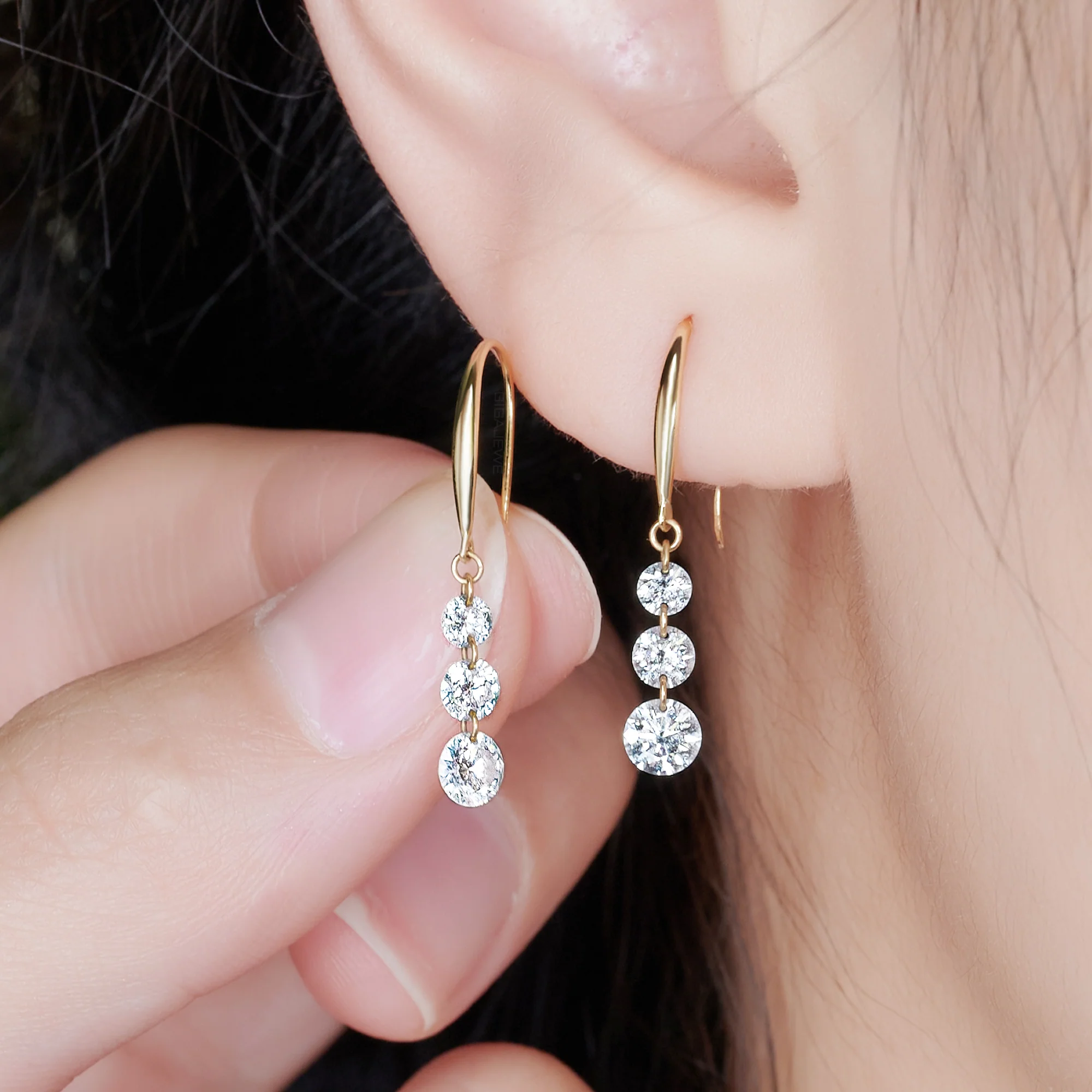 ROUND CUT LAB DIAMOND THREE DROP EARRINGS IN SOLID GOLD - Image 2