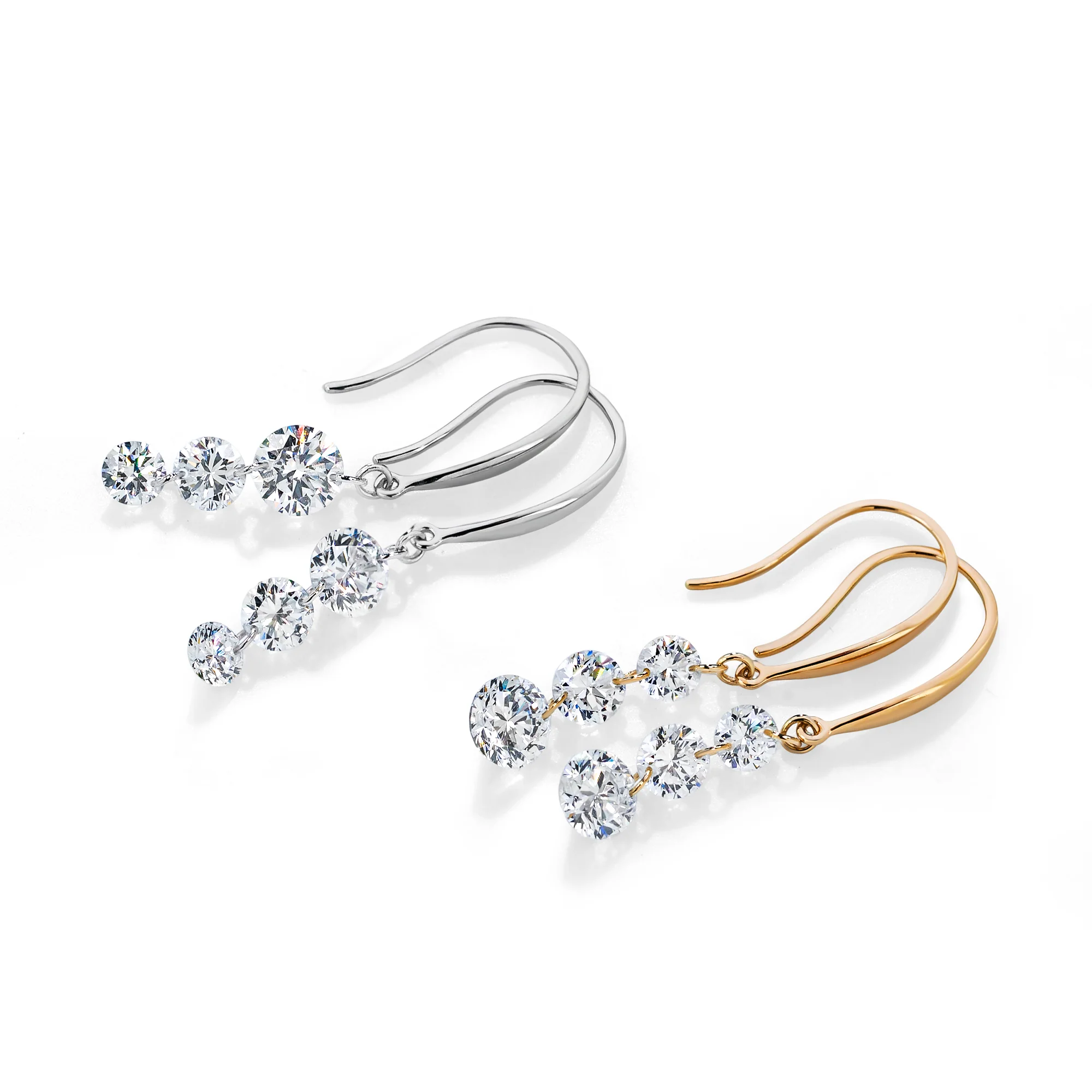 ROUND CUT LAB DIAMOND THREE DROP EARRINGS IN SOLID GOLD - Image 3
