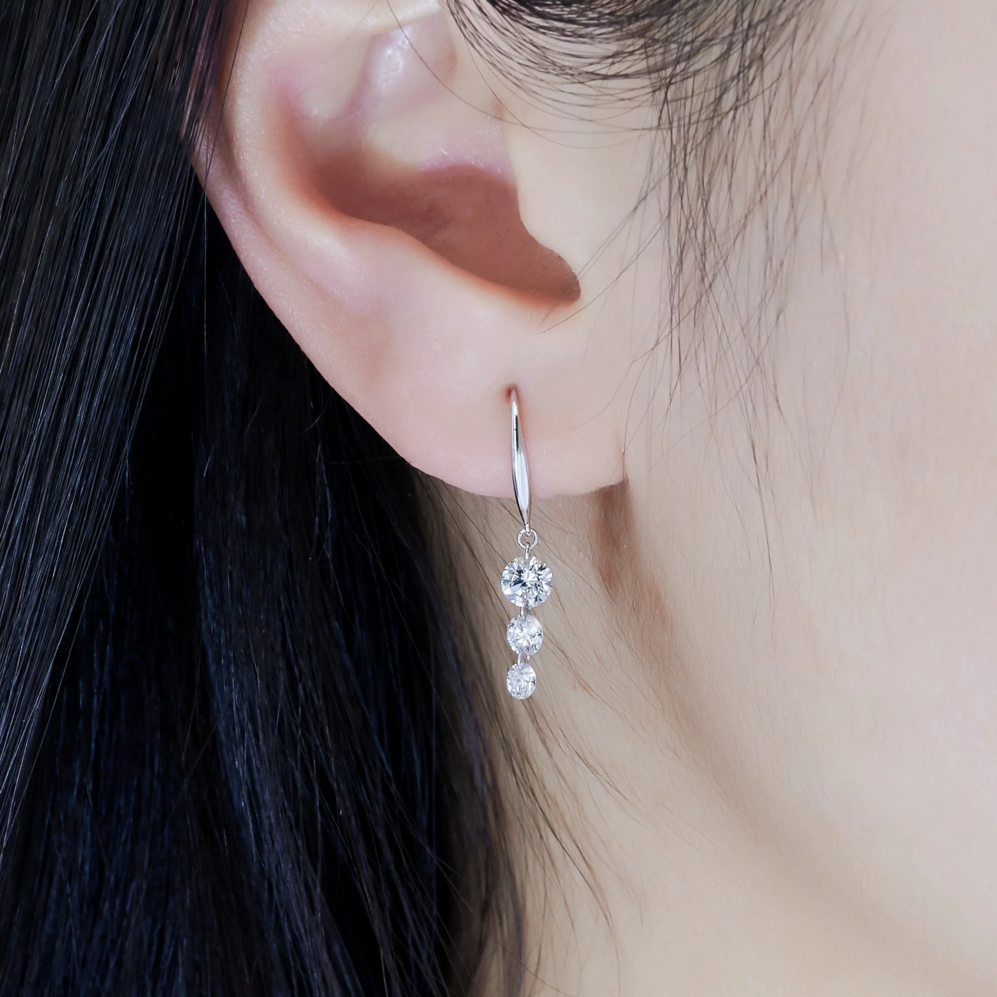 ROUND CUT LAB DIAMOND THREE DROP EARRINGS IN SOLID GOLD - Image 4