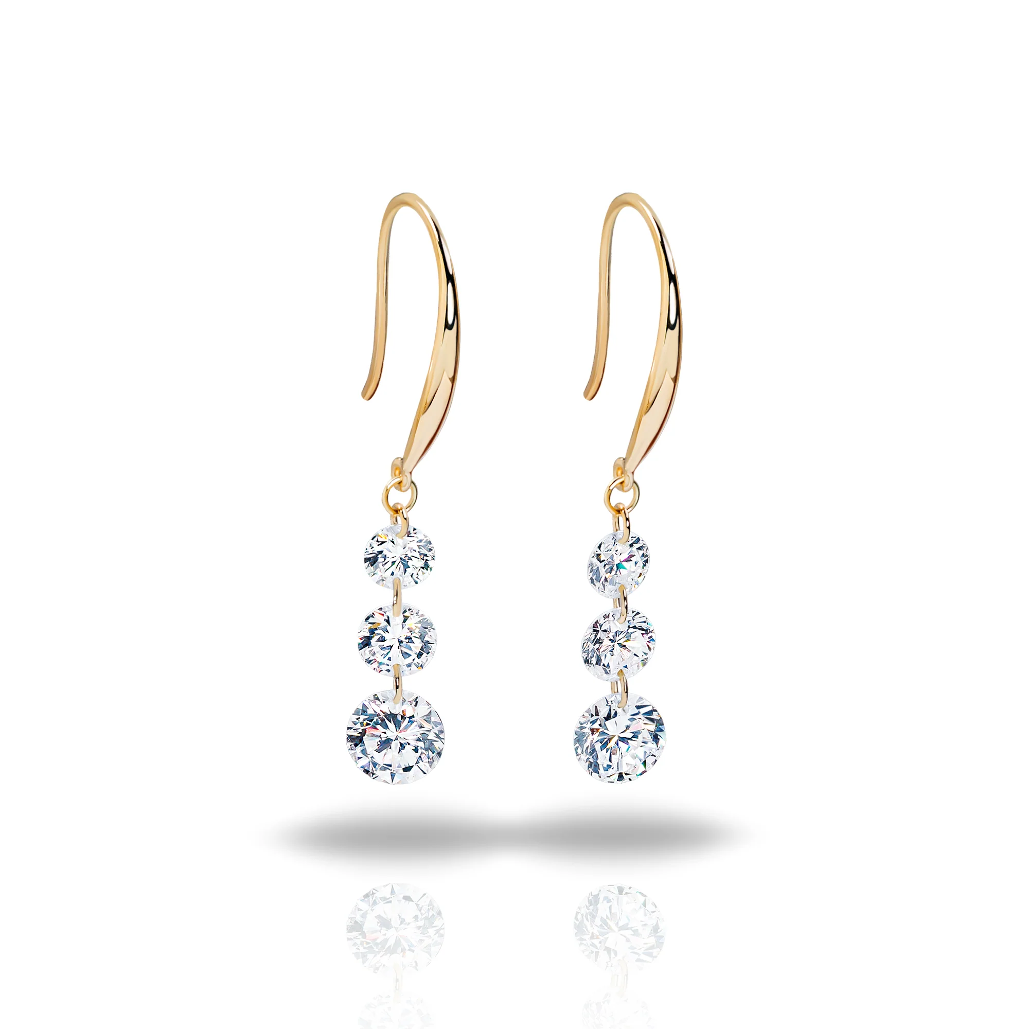 ROUND CUT LAB DIAMOND THREE DROP EARRINGS IN SOLID GOLD - Image 6