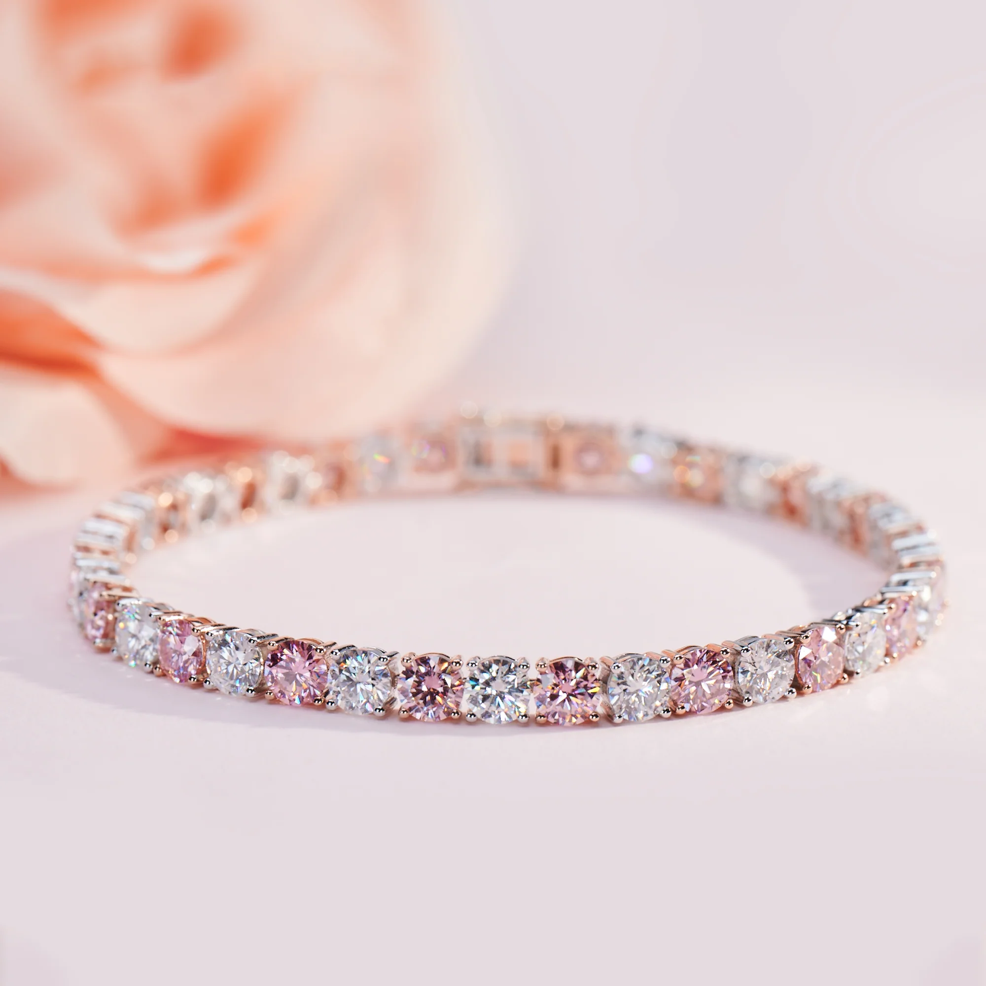 ROUND CUT MOISSANITE SAKURA PINK BRACELET IN SOLID GOLD - Image 3
