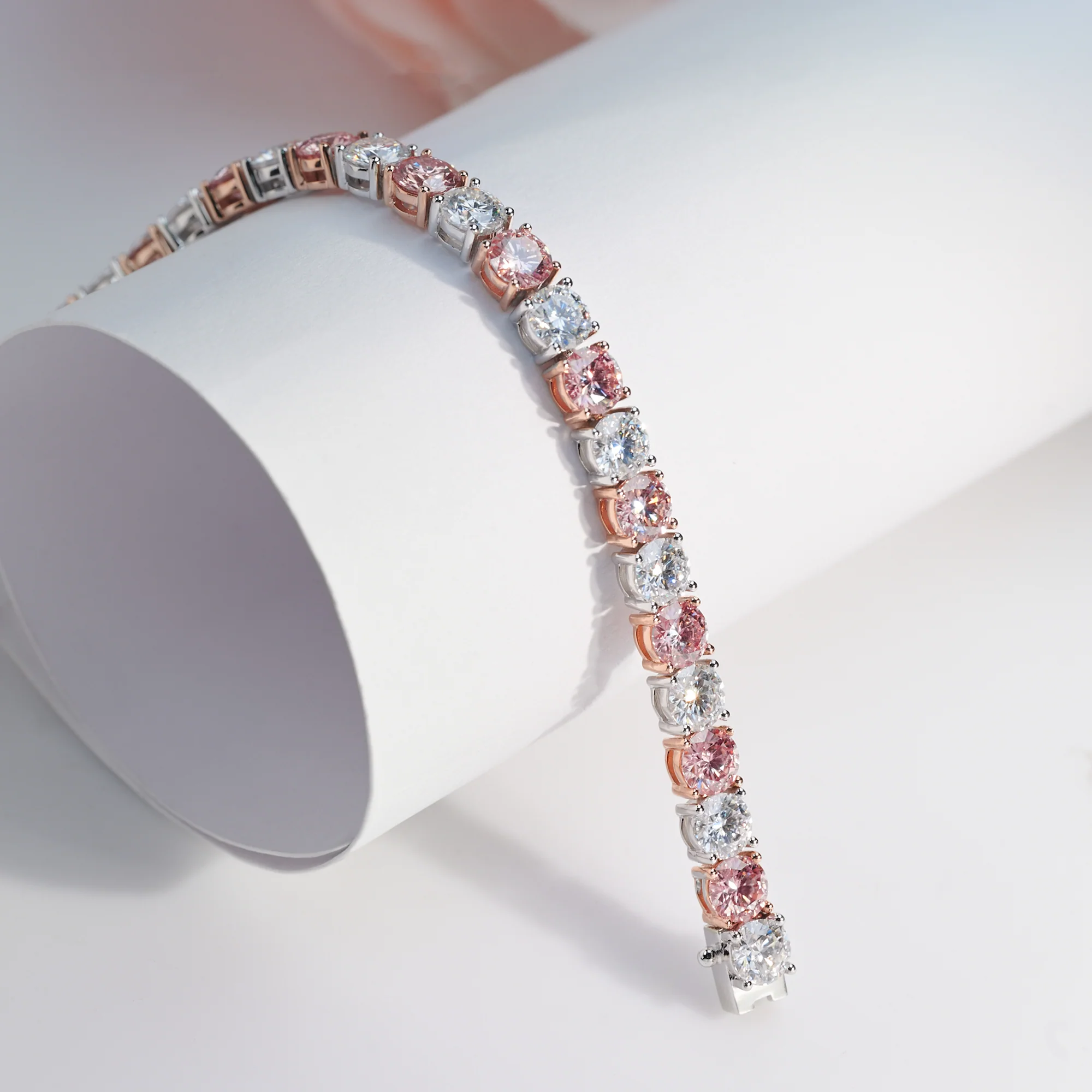 ROUND CUT MOISSANITE SAKURA PINK BRACELET IN SOLID GOLD - Image 6