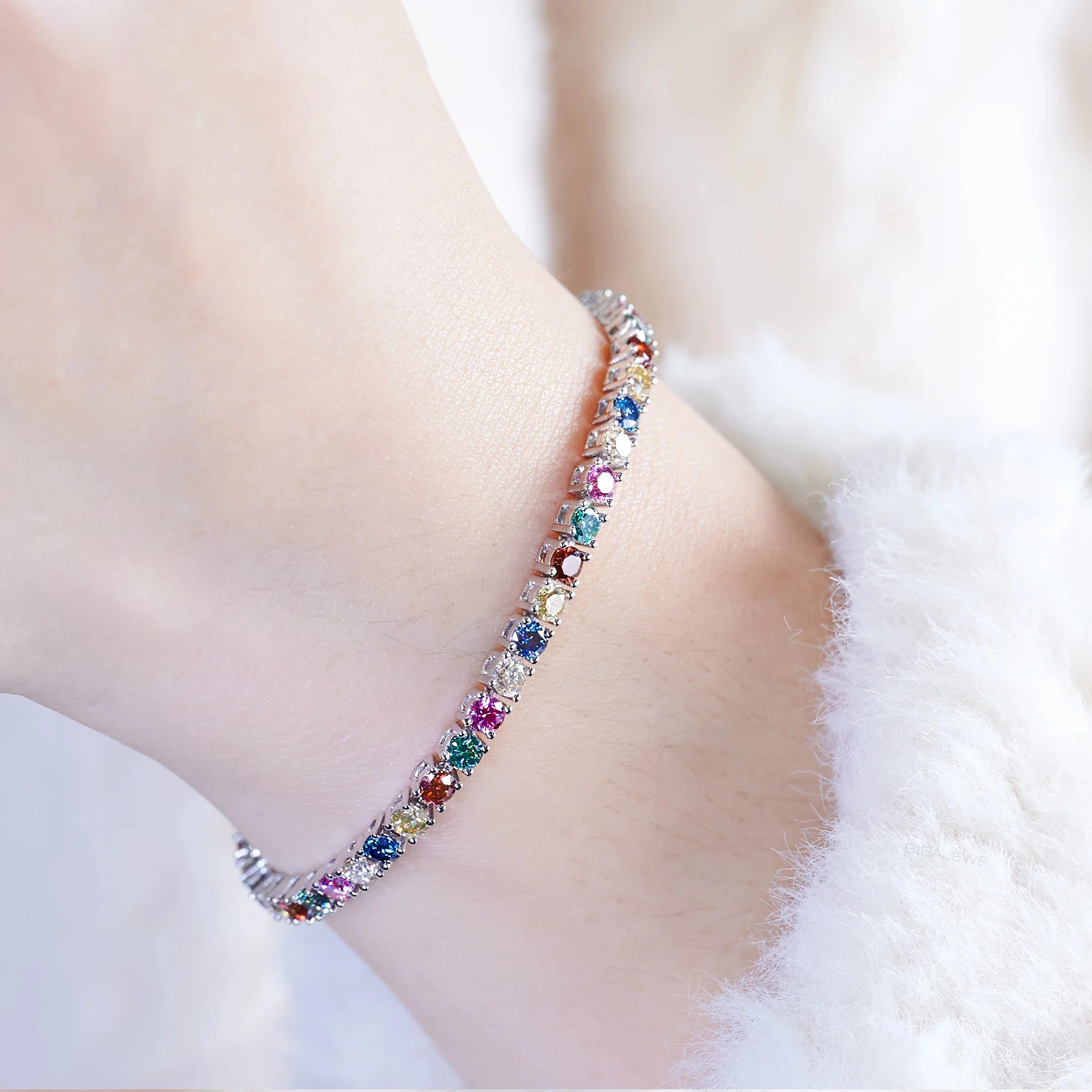 ROUND CUT RAINBOW MOISSANITE BRACELET IN STERLING SILVER - Image 3