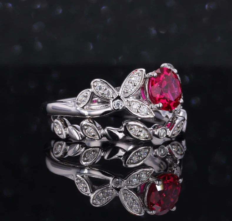 ROUND LAB GROWN RUBY AND MOISSANITE DIAMOND RING IN 10K WHITE GOLD - Image 4