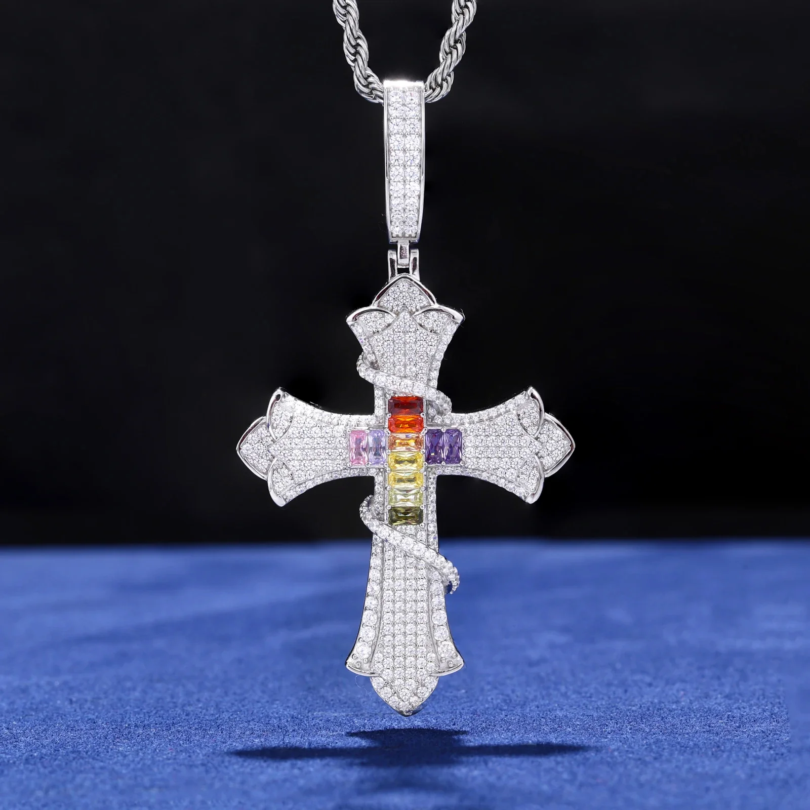 SERPENT OF SALVATION MULTICOLOR CZ MOISSANITE CROSS PENDANT IN STERLING SILVER - Image 2