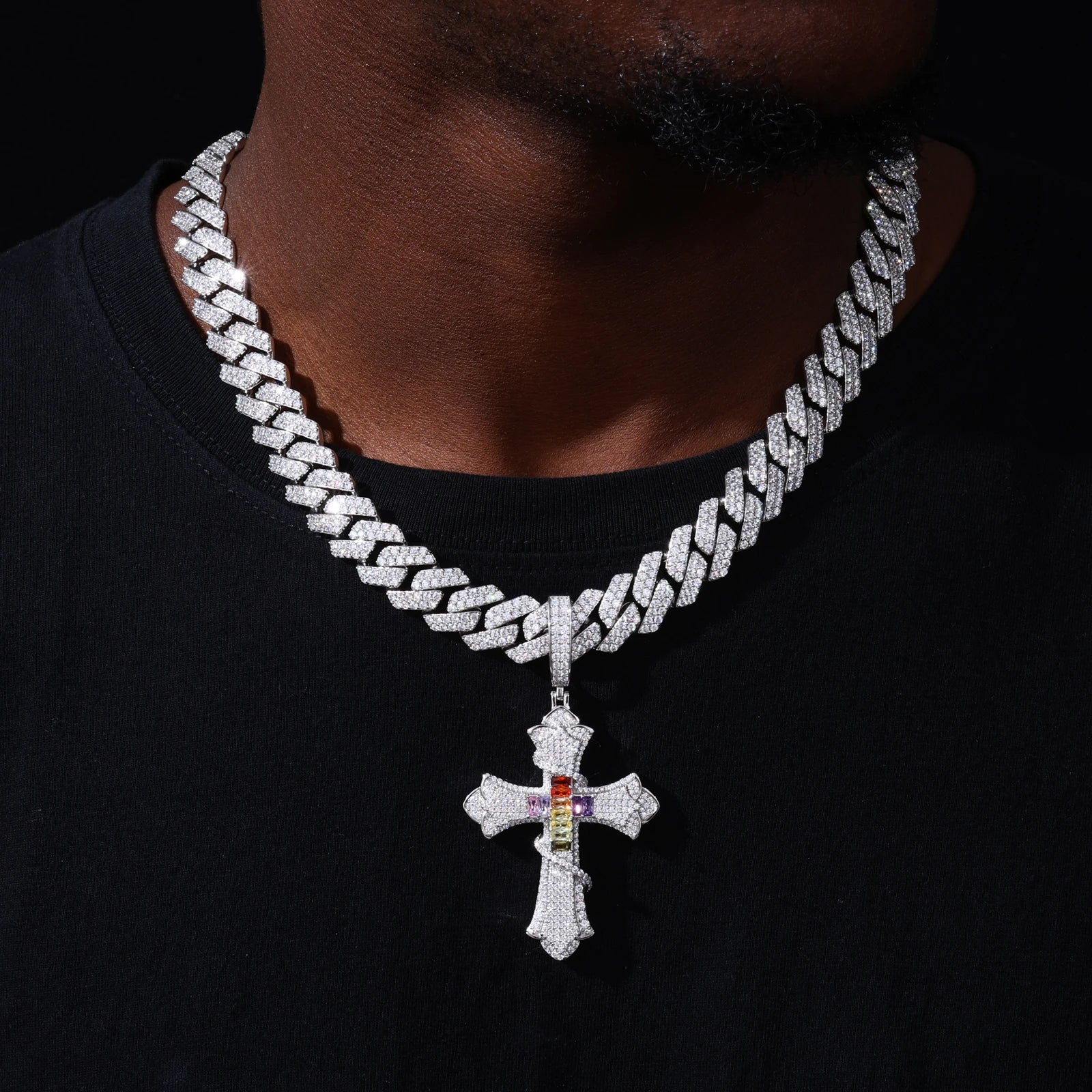 SERPENT OF SALVATION MULTICOLOR CZ MOISSANITE CROSS PENDANT IN STERLING SILVER - Image 4