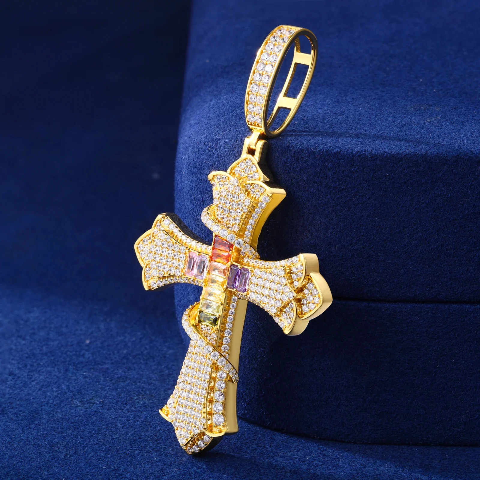 SERPENT OF SALVATION MULTICOLOR CZ MOISSANITE CROSS PENDANT IN STERLING SILVER - Image 6