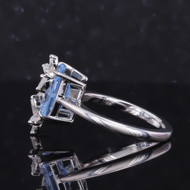 THREE FLOWER EMERALD CUT MOISSANITE WITH BAGUETTE LAB GROWN SAPPHIRE IN 14K SOLID GOLD - Image 3