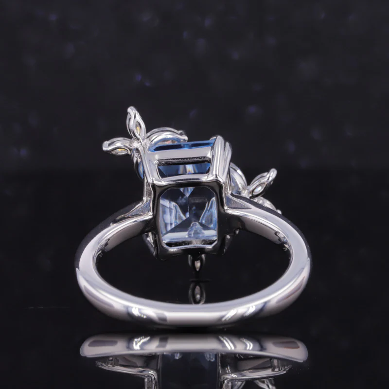 THREE FLOWER EMERALD CUT MOISSANITE WITH BAGUETTE LAB GROWN SAPPHIRE IN 14K SOLID GOLD - Image 4