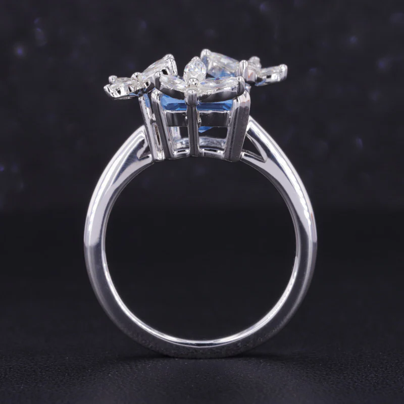 THREE FLOWER EMERALD CUT MOISSANITE WITH BAGUETTE LAB GROWN SAPPHIRE IN 14K SOLID GOLD - Image 5