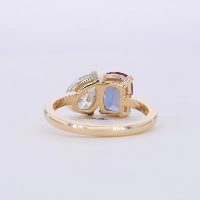 CUSHION CUT LAB GROWN ALEXANDRITE AND PEAR CUT MOISSANITE TOI ET MOI RING IN 10K GOLD - Image 3