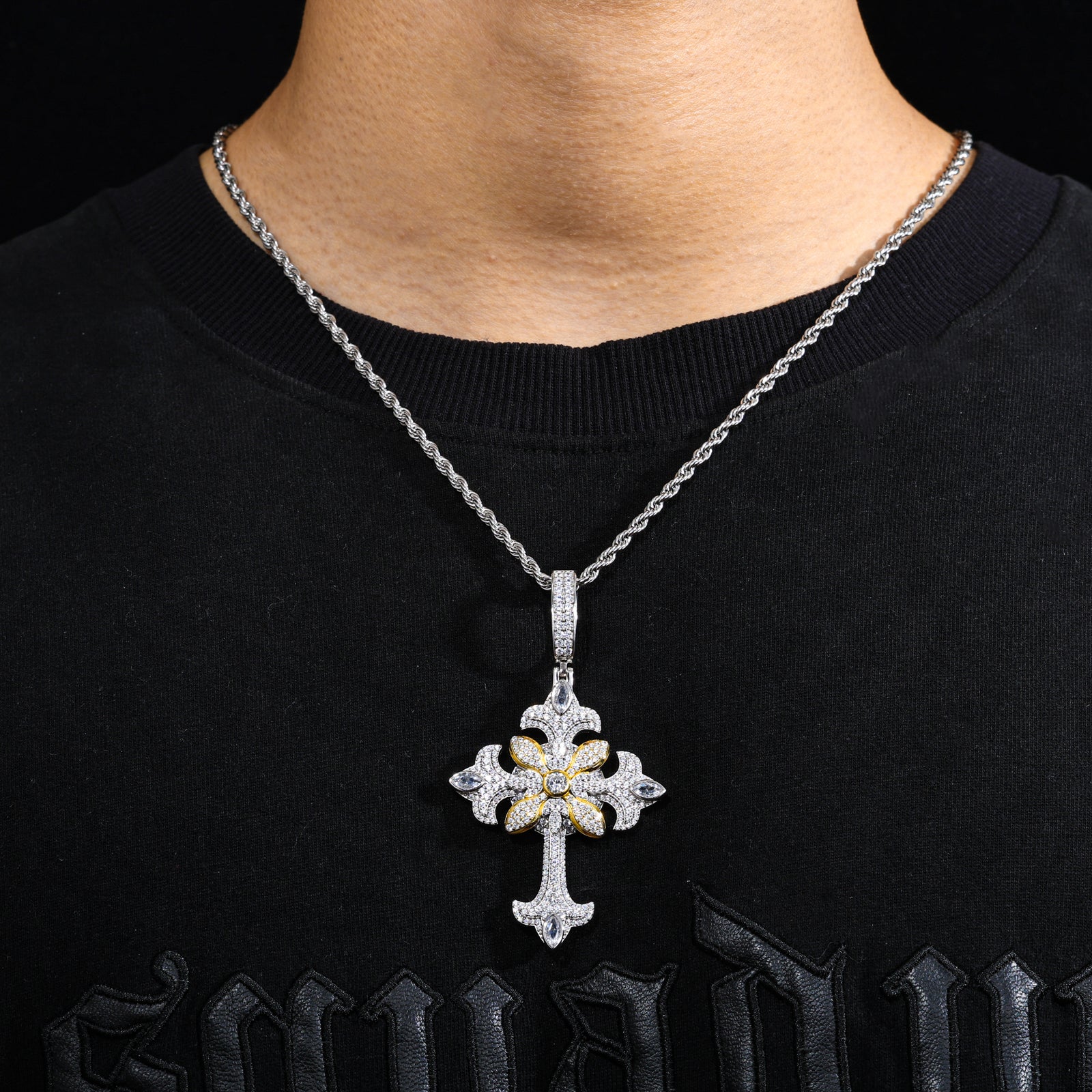 TWO TONE MOISSANITE FLOWER CROSS PENDANT IN STERLING SILVER - Image 2