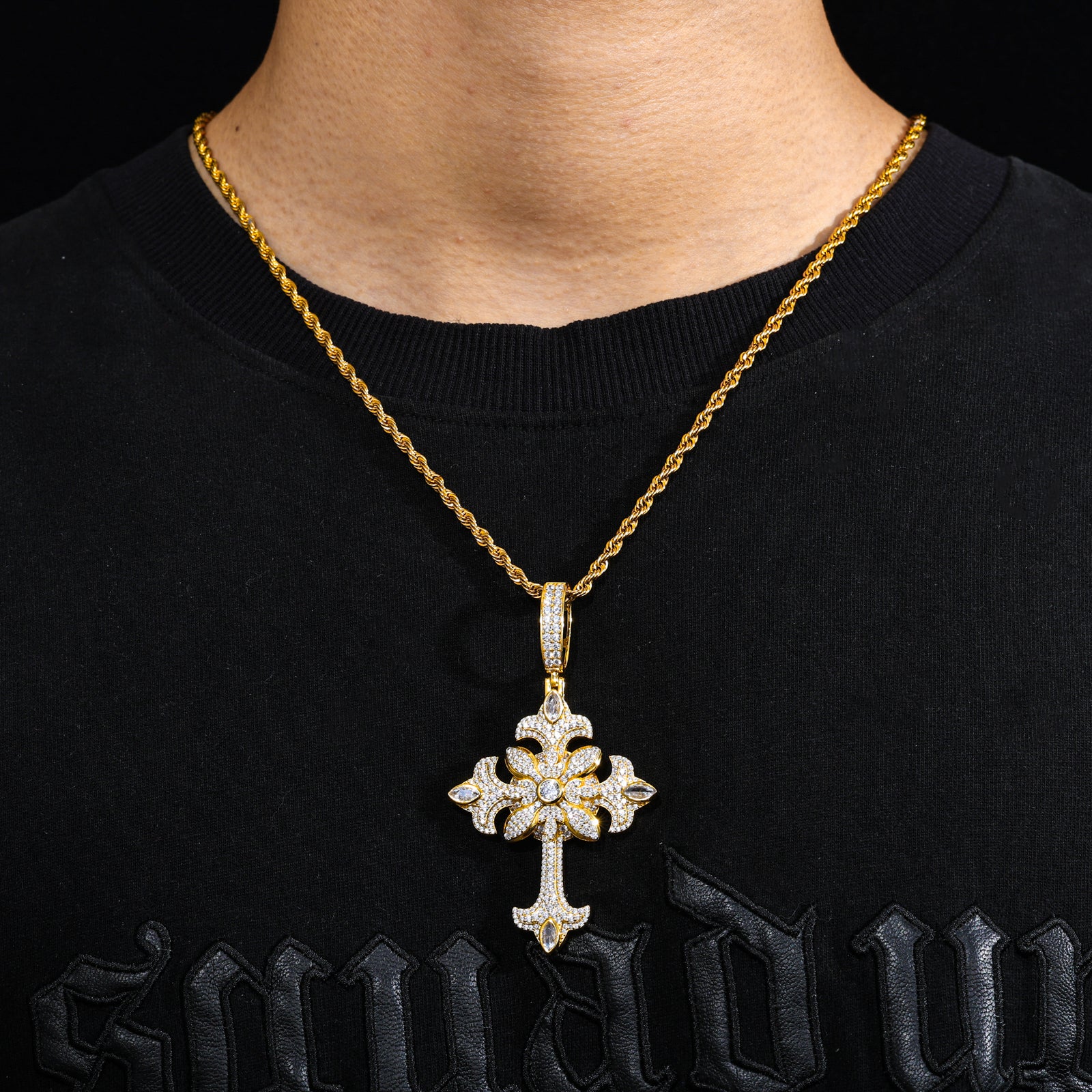 TWO TONE MOISSANITE FLOWER CROSS PENDANT IN STERLING SILVER - Image 3