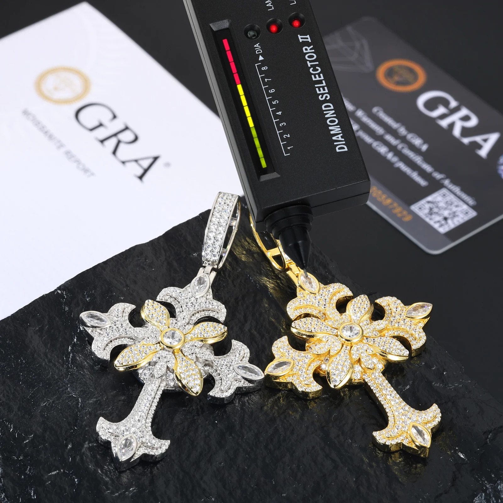 TWO TONE MOISSANITE FLOWER CROSS PENDANT IN STERLING SILVER - Image 4