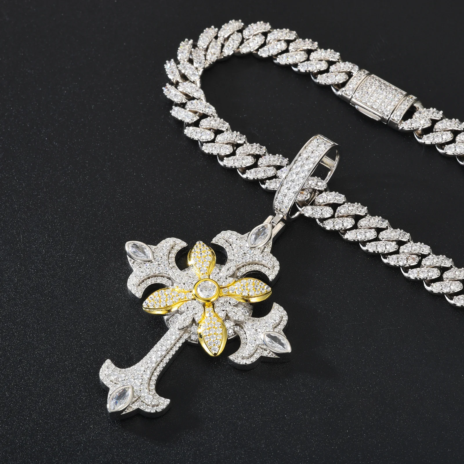TWO TONE MOISSANITE FLOWER CROSS PENDANT IN STERLING SILVER - Image 5