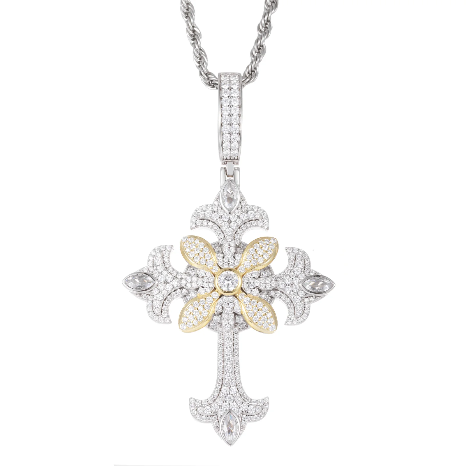 TWO TONE MOISSANITE FLOWER CROSS PENDANT IN STERLING SILVER - Image 6