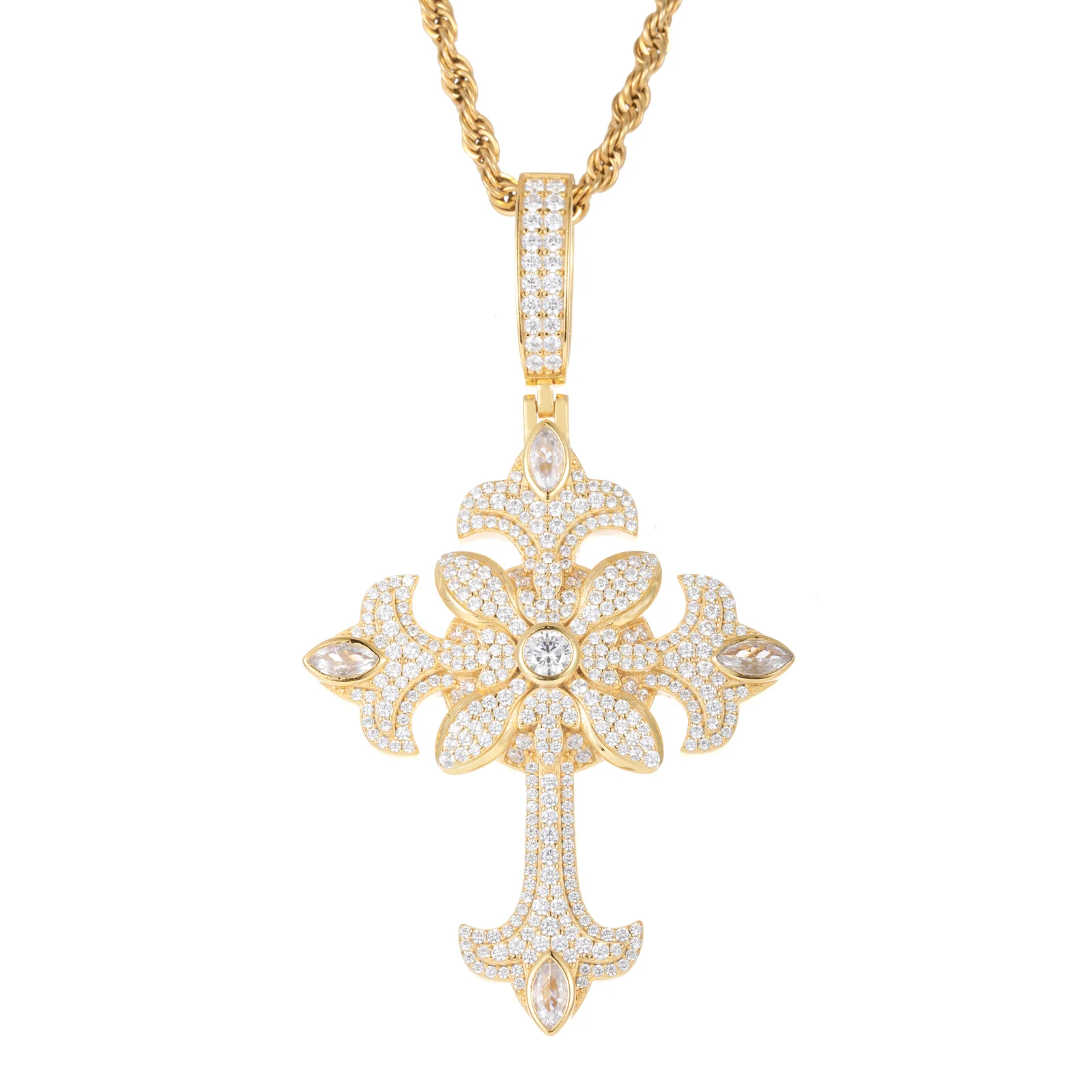 TWO TONE MOISSANITE FLOWER CROSS PENDANT IN STERLING SILVER - Image 7